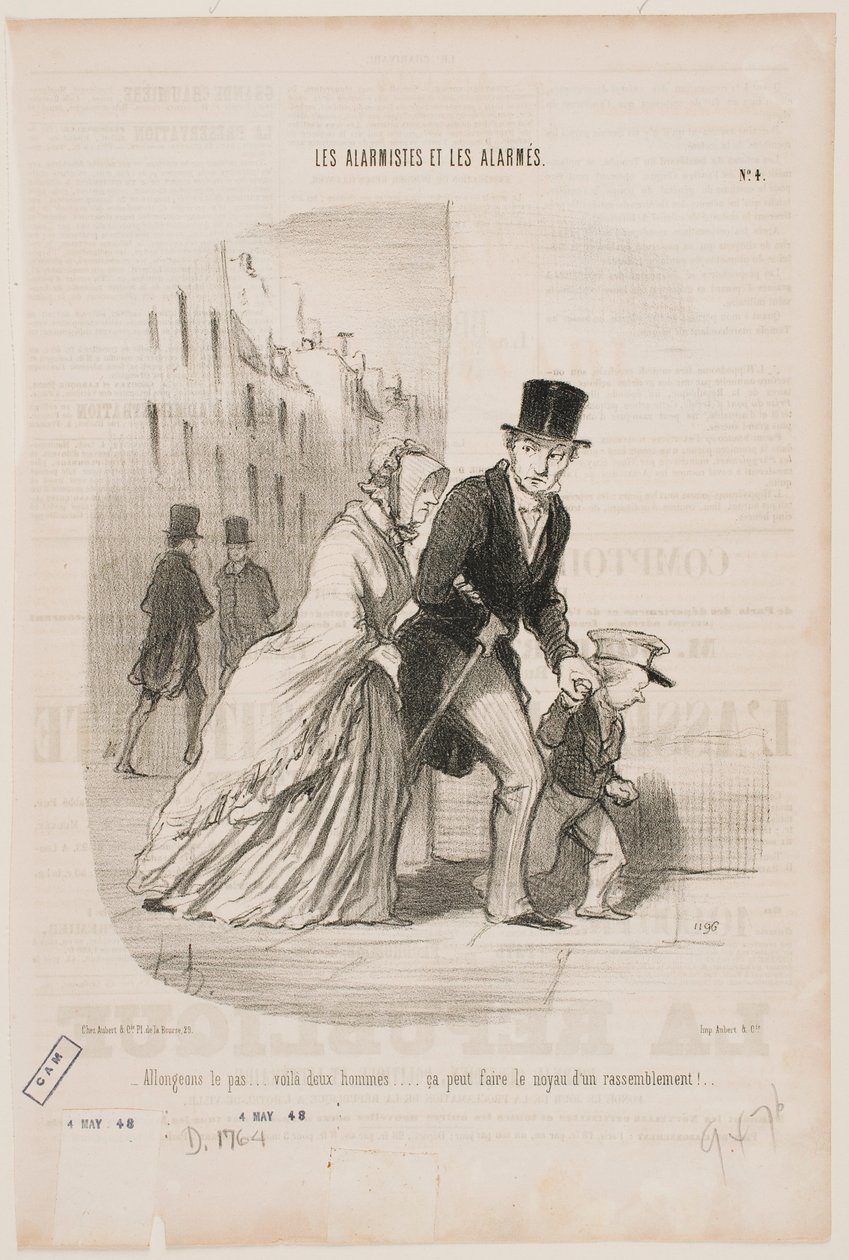 Laten we snel doorlopen, daar achter ons staan twee mannen… dit zou wel eens het begin van een nieuwe onwettige bijeenkomst kunnen zijn. door Honoré Daumier