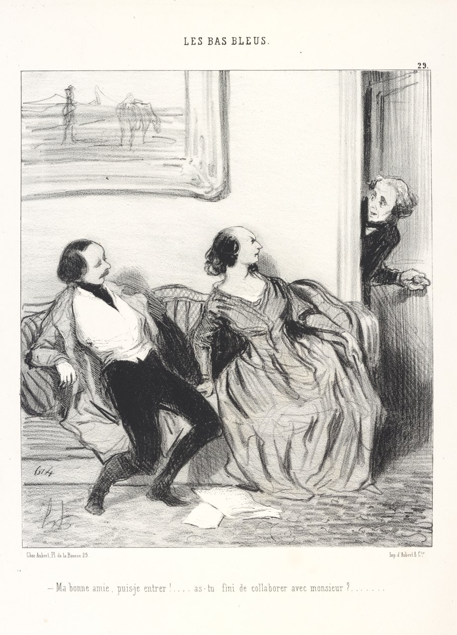 Mijn lieve vriendin, mag ik binnenkomen! ... Ben je klaar met samenwerken met de meneer?, plaat 29 uit de reeks Les Bas-Bleus uit het tijdschrift Le Charivari door Honoré Daumier