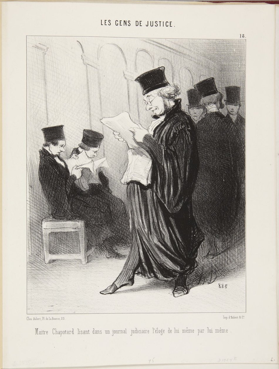 Meester Chapotard leest in een gerechtelijke krant de lofrede op zichzelf, door hemzelf geschreven door Honoré Daumier
