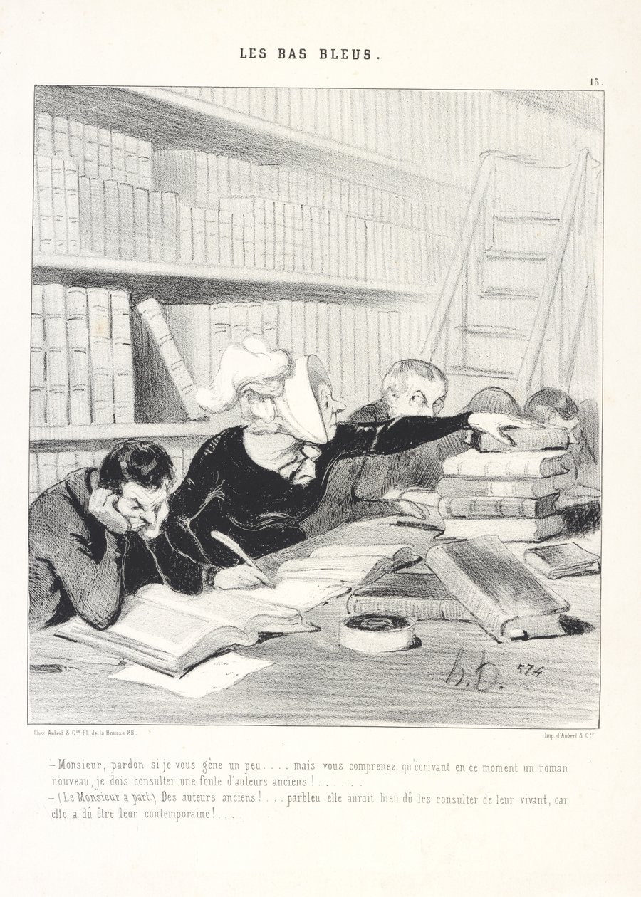 Meneer, excuseer me als ik u een beetje stoor... maar u begrijpt toch wel dat ik, aangezien ik momenteel aan een nieuwe roman werk, een heleboel oude auteurs moet raadplegen! .../(De meneer terzijde.) Oude auteurs! ... verdorie, ze had ze toch echt moeten  door Honoré Daumier