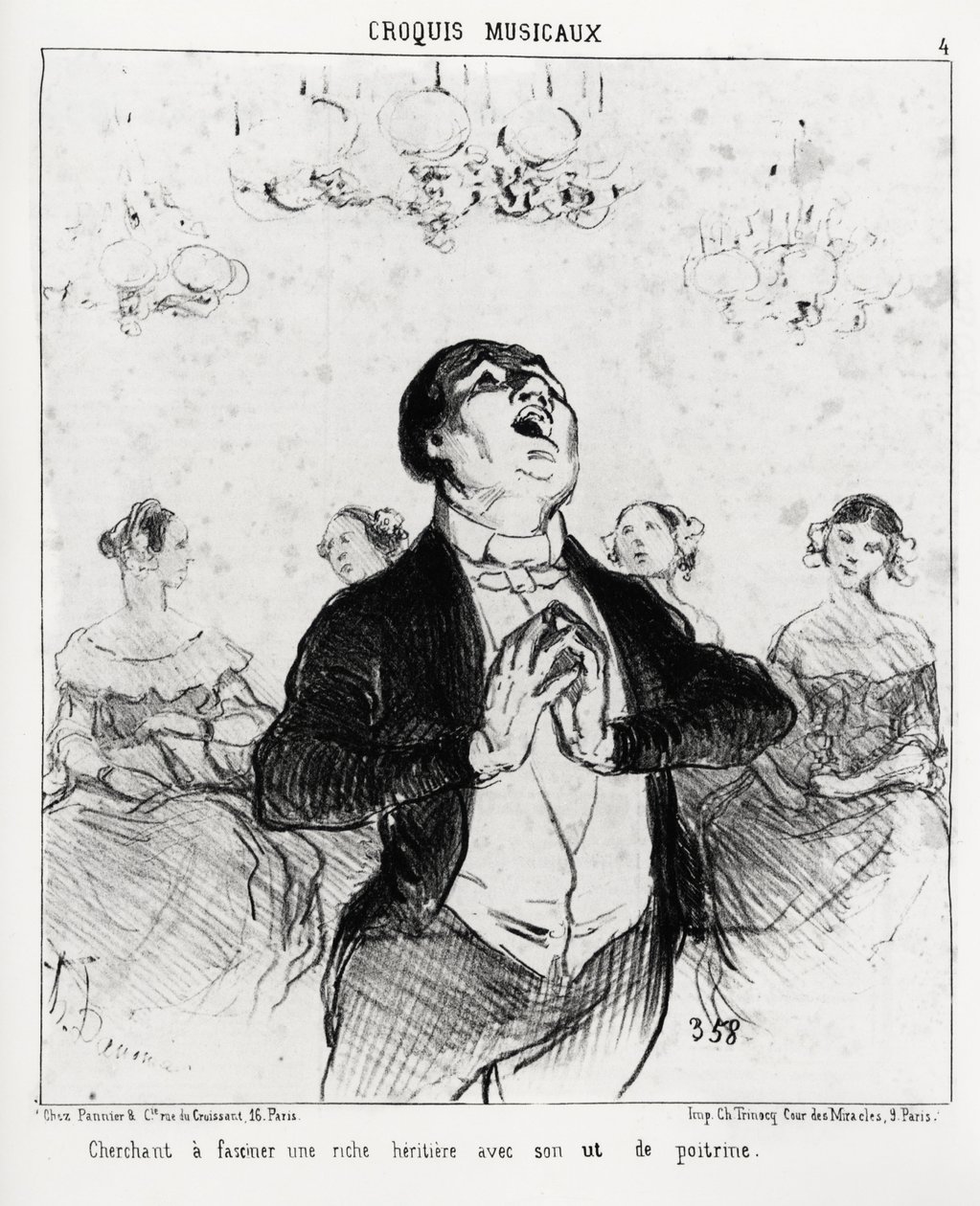 Muzikale schetsen: proberen een rijke erfgename te fascineren met zijn borst. Illustratie van Honore Daumier (1808-1879), gepubliceerd in 