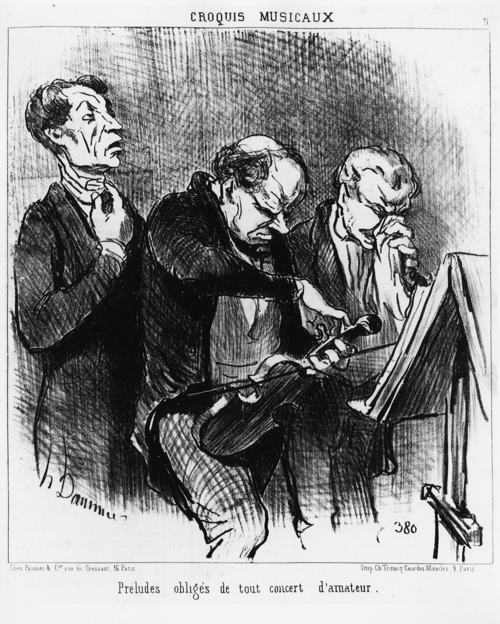 Muzikale schetsen: verplichte preludes van elk amateurconcert. Drie muzikanten proberen hun stemmen te verlichten, een viool te stemmen en hun neus opzichtig te snuiten. Illustratie van Honore Daumier (1808-1879), gepubliceerd in 