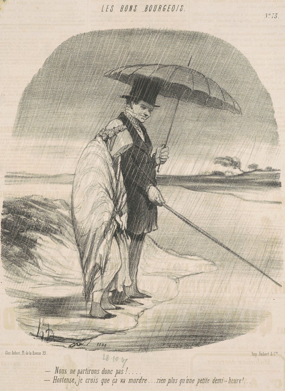 Dus we vertrekken niet! - Hortense, ik geloof dat hij gaat bijten ... Niet langer dan een halfuurtje! door Honoré Daumier