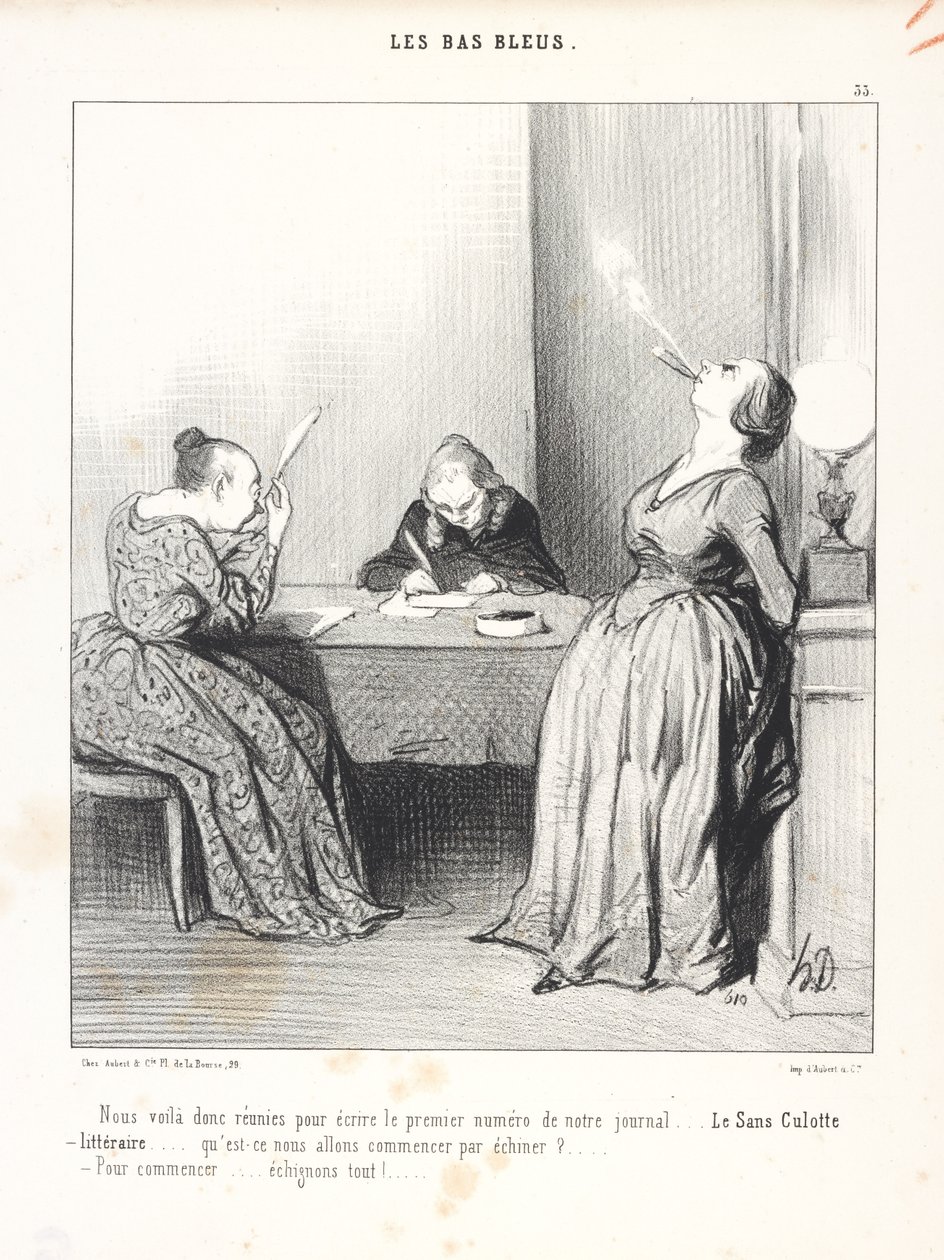 Hier zitten we dan bij elkaar om het eerste nummer van onze krant te schrijven... *Le Sans Culotte littéraire*... waar zullen we mee beginnen .../Om te beginnen... laten we alles onder de loep nemen! (Hier zitten we bij elkaar om het eerste nummer van onze door Honoré Daumier