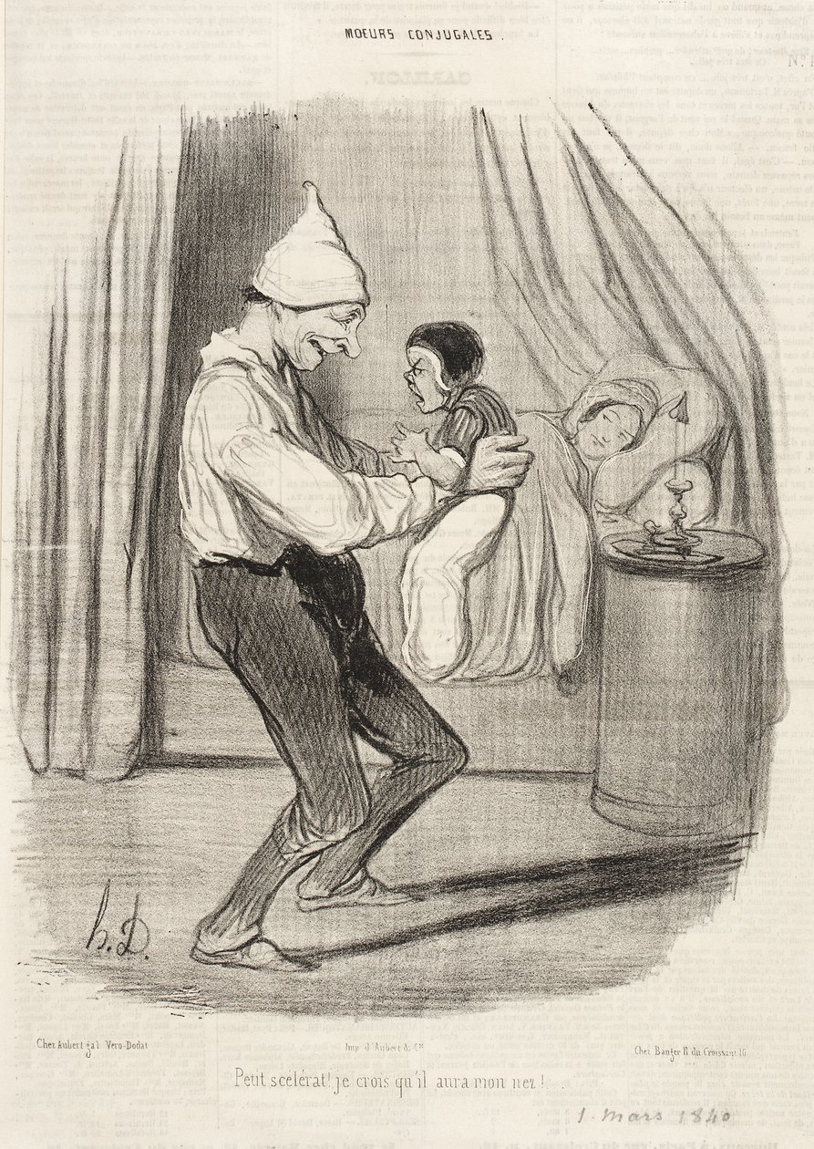 Kleine schurk! Ik geloof dat hij mijn neus zal hebben... door Honoré Daumier