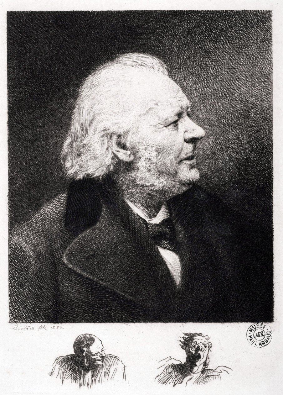 Portret van Honore Daumier (1808-1879), Franse graveur, schilder en beeldhouwer. Gravure van zoon Boulard door Honoré Daumier