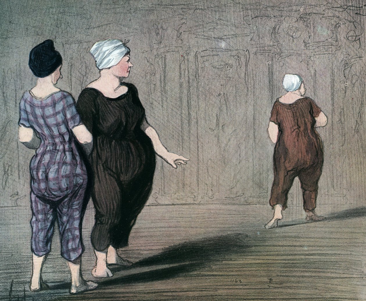 Serie "Les baigneuses" twee vrouwen in badpak onderzoeken de snit van een ander, karikatuur door Honore Daumier (1808-1879) 1844 (De baders: twee dames in badpak kijken op en neer naar de taille van een ander) Privécollectie door Honoré Daumier