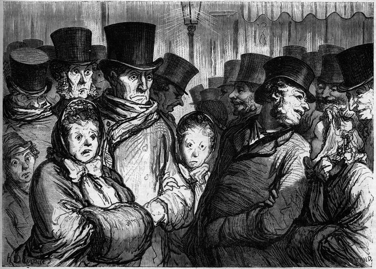 Temple Boulevard om middernacht. Links, mensen die uit het drama komen. Rechts, mensen die de funambules verlaten. Cartoon door Honore Daumier (1808-1879). Gravure in 