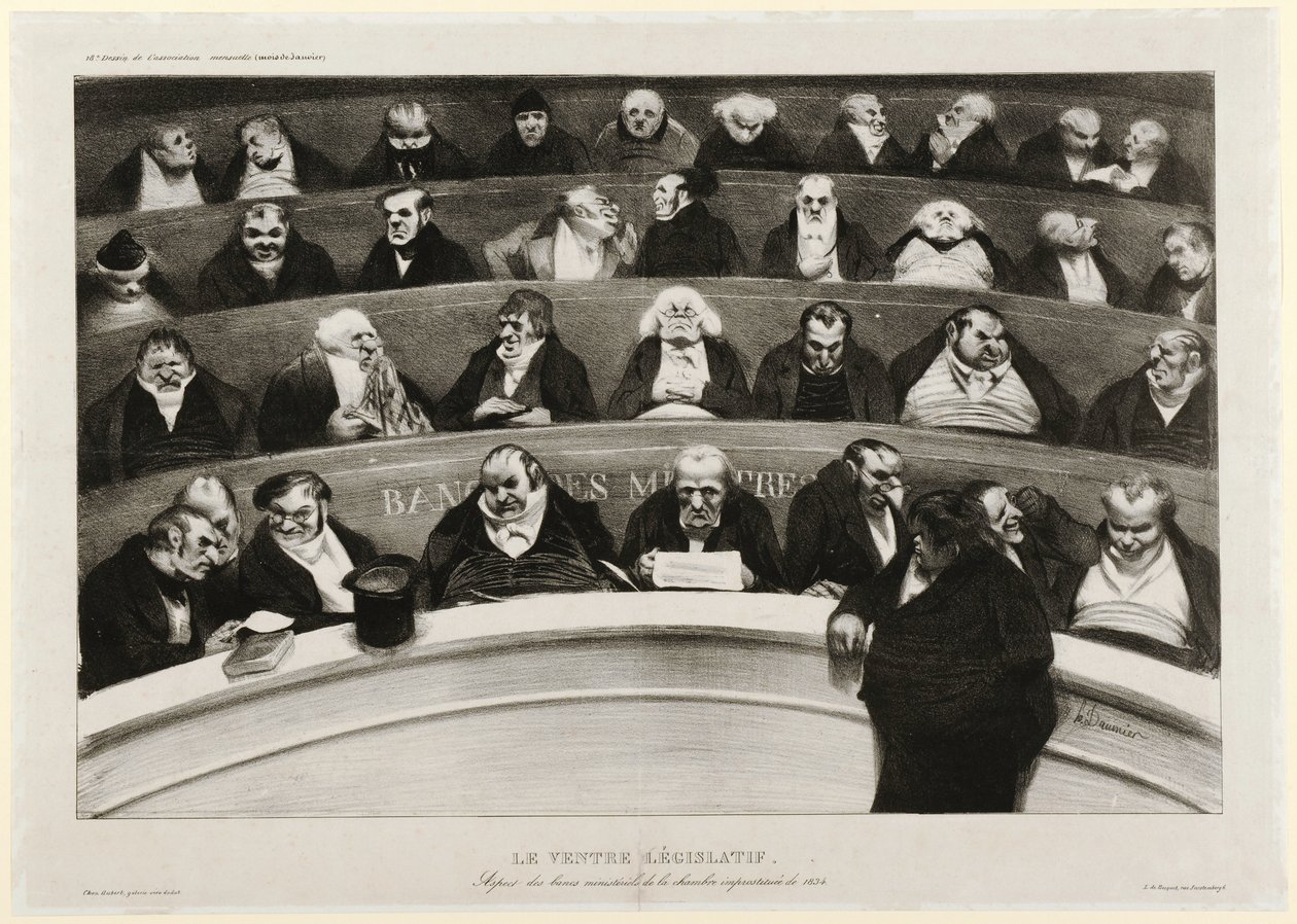 De Wetgevende Buik: Uitzicht op de Ministeriële Banken in de Impromptu Kamer van 1834 door Honoré Daumier