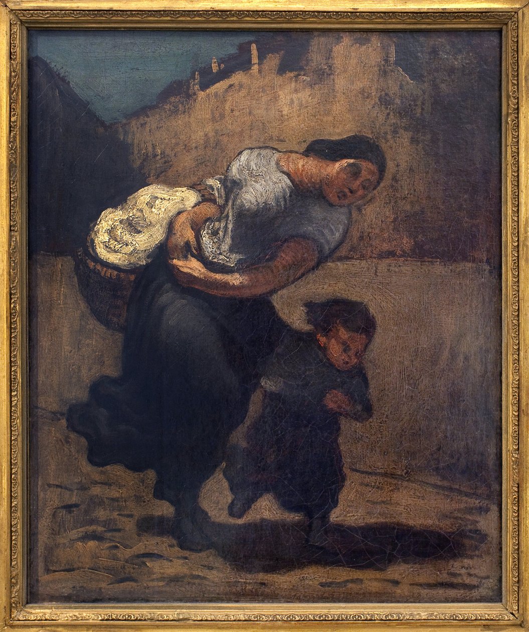 De storm (de lavendel). Een vrouw die een korte mand met een kind vasthoudt, waarschijnlijk om zichzelf tegen de regen te beschermen. Kunstwerk van Honore Daumier (1808-1879), olieverf op karton door Honoré Daumier