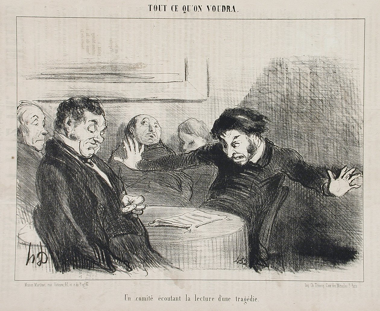 Een comité luistert naar de lezing van een tragedie door Honoré Daumier