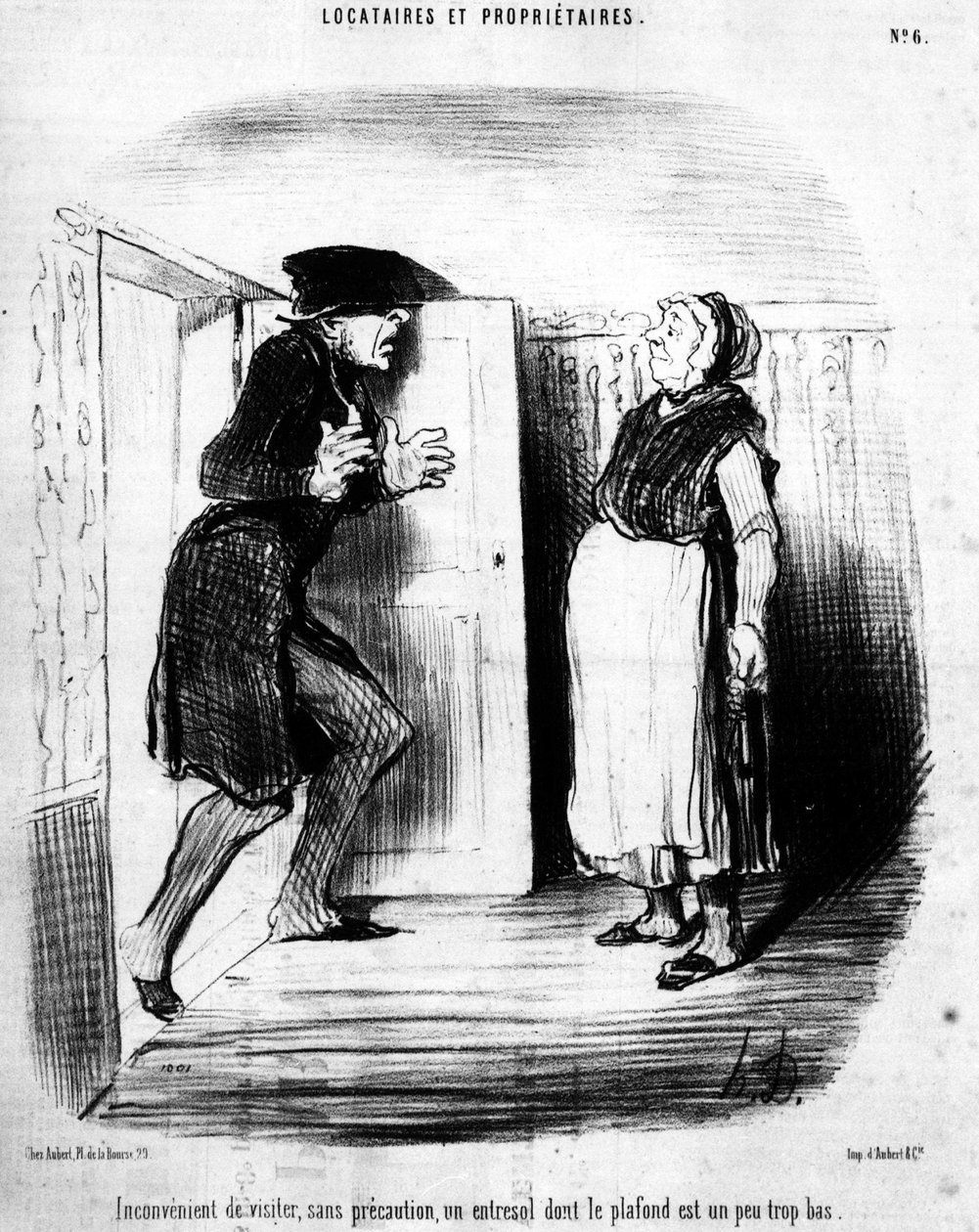 Ongemakkelijk om zonder waarschuwing een entresol te bezoeken waarvan het plafond een beetje te laag is (uit Huurders en Eigenaren, cartoonserie door Honore Daumier, gepubliceerd in Charivari) door Honoré Daumier