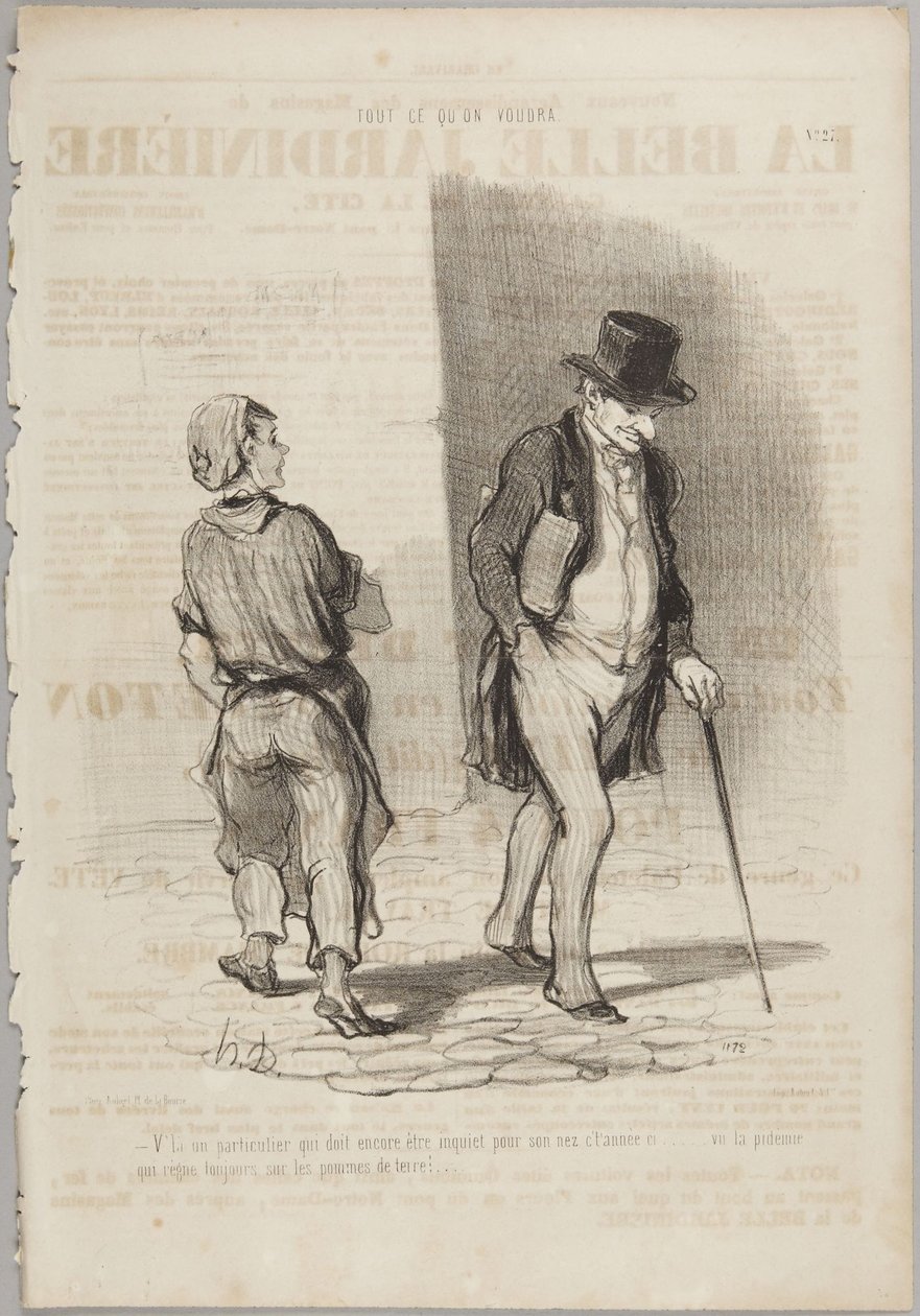 Daar heb je weer zo’n particulier die zich vast zorgen maakt..., nummer 27 uit de serie „Tout ce qu’on voudra” van Le Charivari door Honoré Daumier