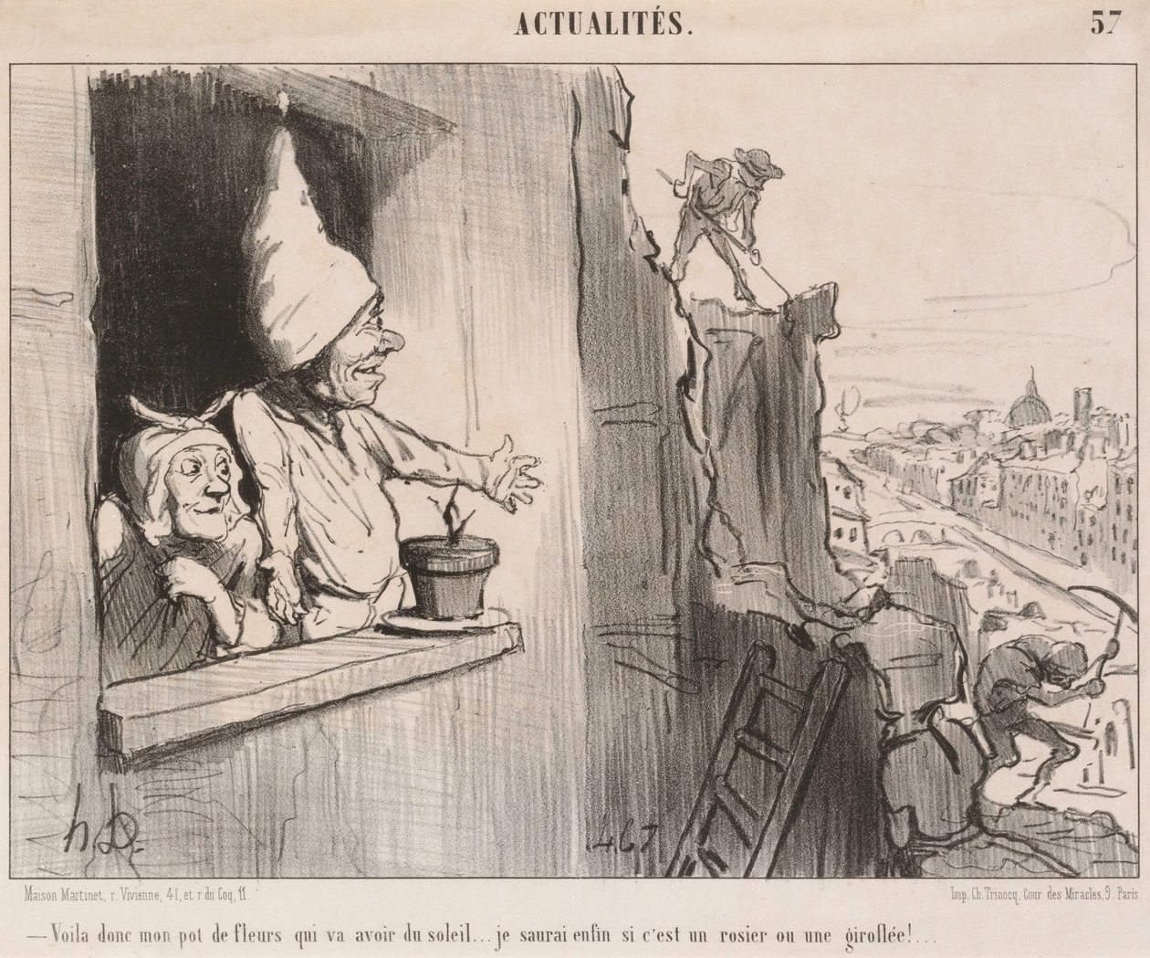 Zo... mijn bloempot... krijgt straks wat zon... door Honoré Daumier