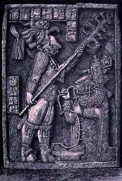 Gesneden stenen latei van Tempel 23, Yaxchilan, 726 AD, met de heerser Schild Jaguar en zijn vrouw, Lady Xoc, die een bloedoffer-ritueel uitvoeren, uit De oude steden van de Nieuwe Wereld, door Claude-Joseph-Desire Charnay door Honore after Chapuis