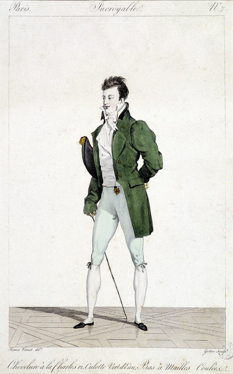 Verbazingwekkend Parijs. Man heeft het haar van Karel XII, draagt watergroene broek en gebreide kousen. Illustratie van mannenmode gemaakt rond 1810 door Horace Vernet (1789 - 1863) door Emile Jean Horace Vernet