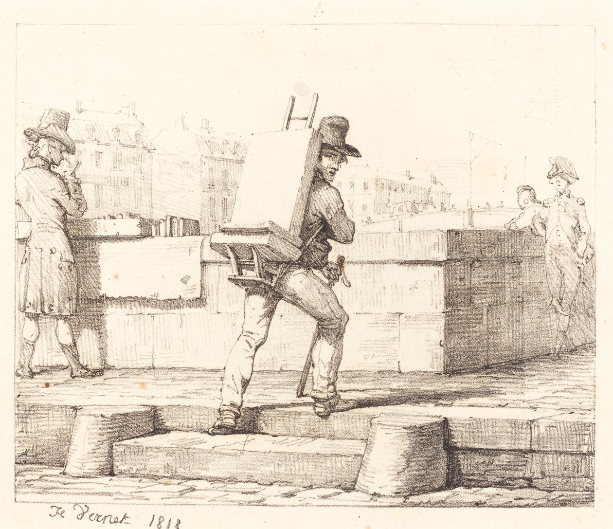 Kunstenaar die een ezel met een lithografische steen draagt door Emile Jean Horace Vernet
