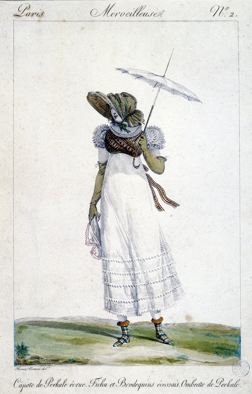 Modegravure door Horace Vernet (1789 - 1863), gemaakt rond 1810 voor "Een Wonderbaarlijke", die een vrouw toont met een ecru baldakijn, een bloederige, tartan borduurwerk en een paraplu door Emile Jean Horace Vernet