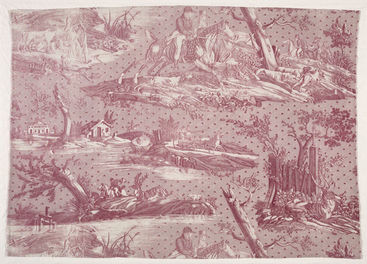 Fragment van koperplaatbedrukt katoen met jachttafereel door Horace Vernet