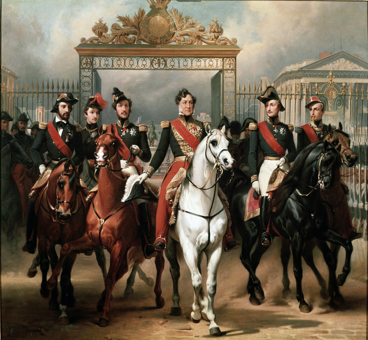 Koning Louis-Philippe omringd door zijn vijf zonen die door het erehek van het kasteel van Versailles vertrekken na een militaire parade door Emile Jean Horace Vernet