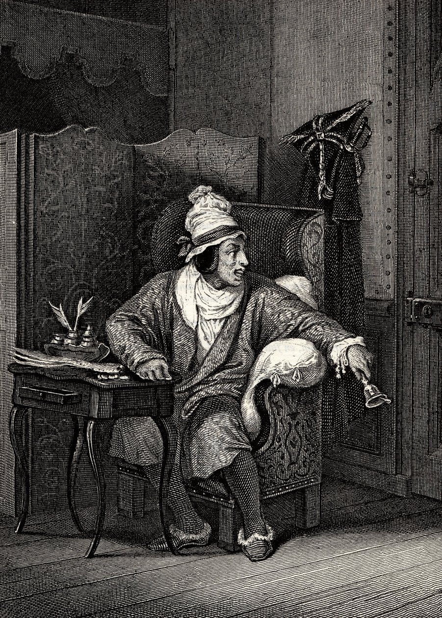 Scène uit De ingebeelde zieke van Molière, door Horace Vernet, gravure - Le Malade imaginaire door Jean-Baptiste Poquelin, bekend als Molière (1622-1673) door Emile Jean Horace Vernet