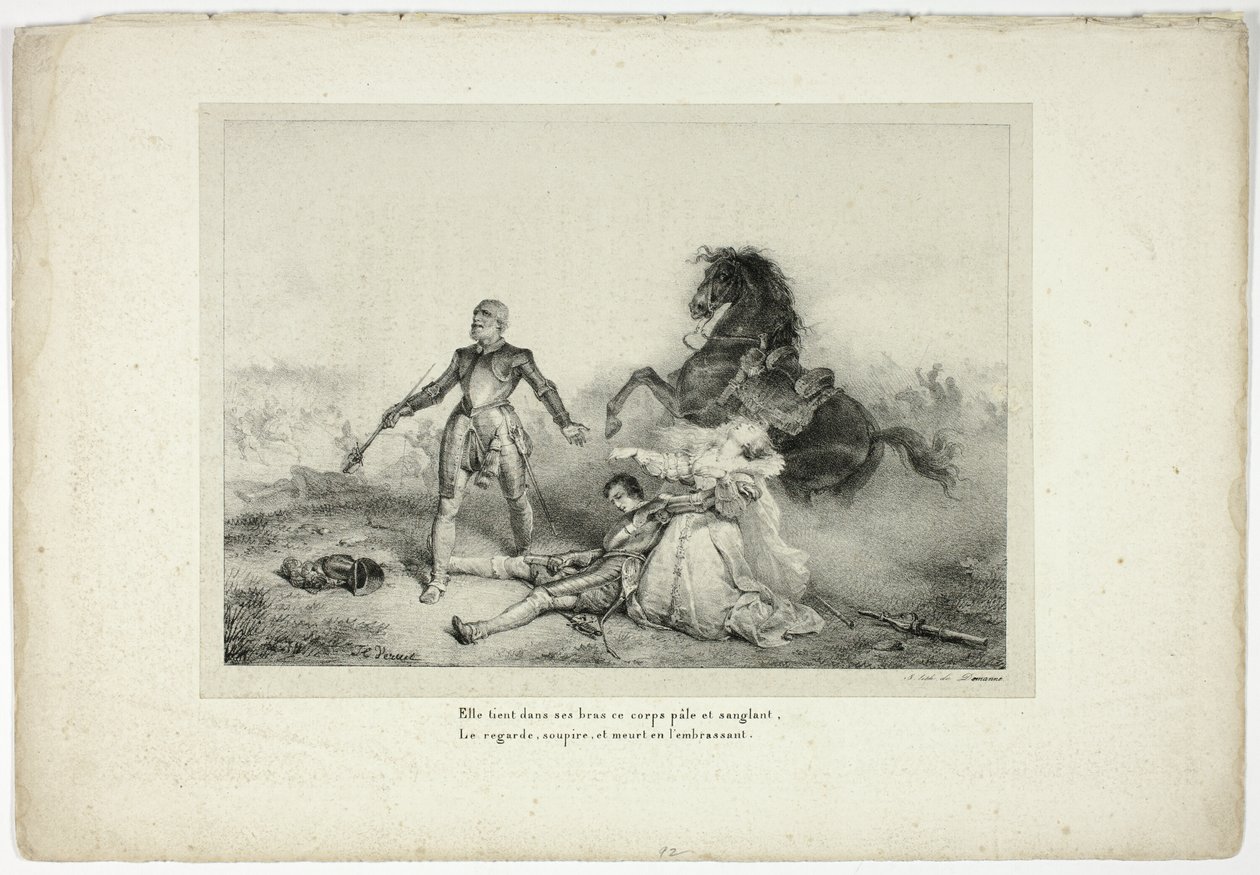 Ze hield in haar armen het lijk bleek en bloederig... door Emile Jean Horace Vernet