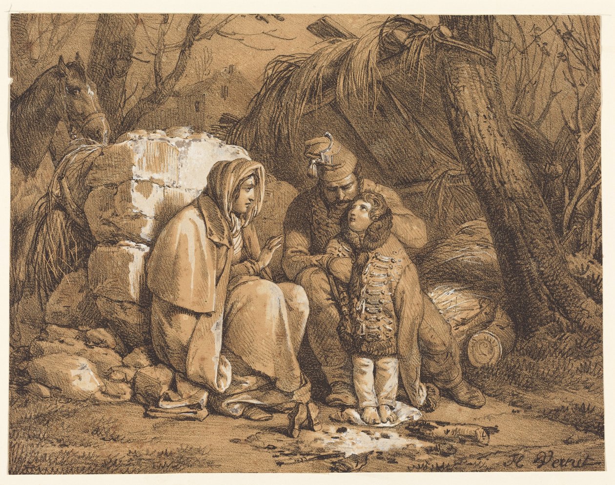 De familie van de soldaat heeft haar kamp opgeslagen door Horace Vernet