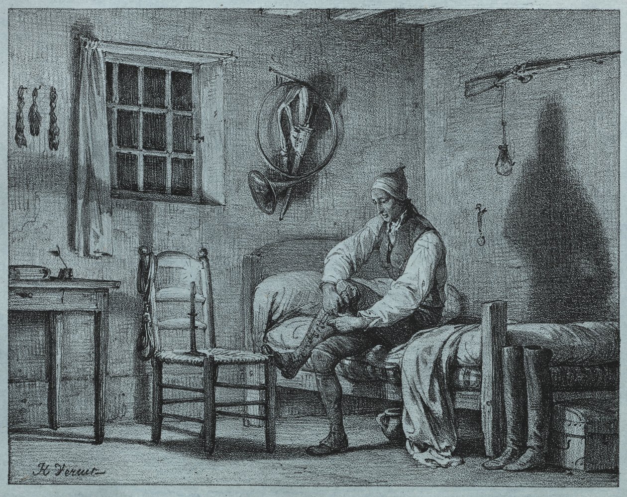 De bediende van Limier die uit bed opstaat door Emile Jean Horace Vernet