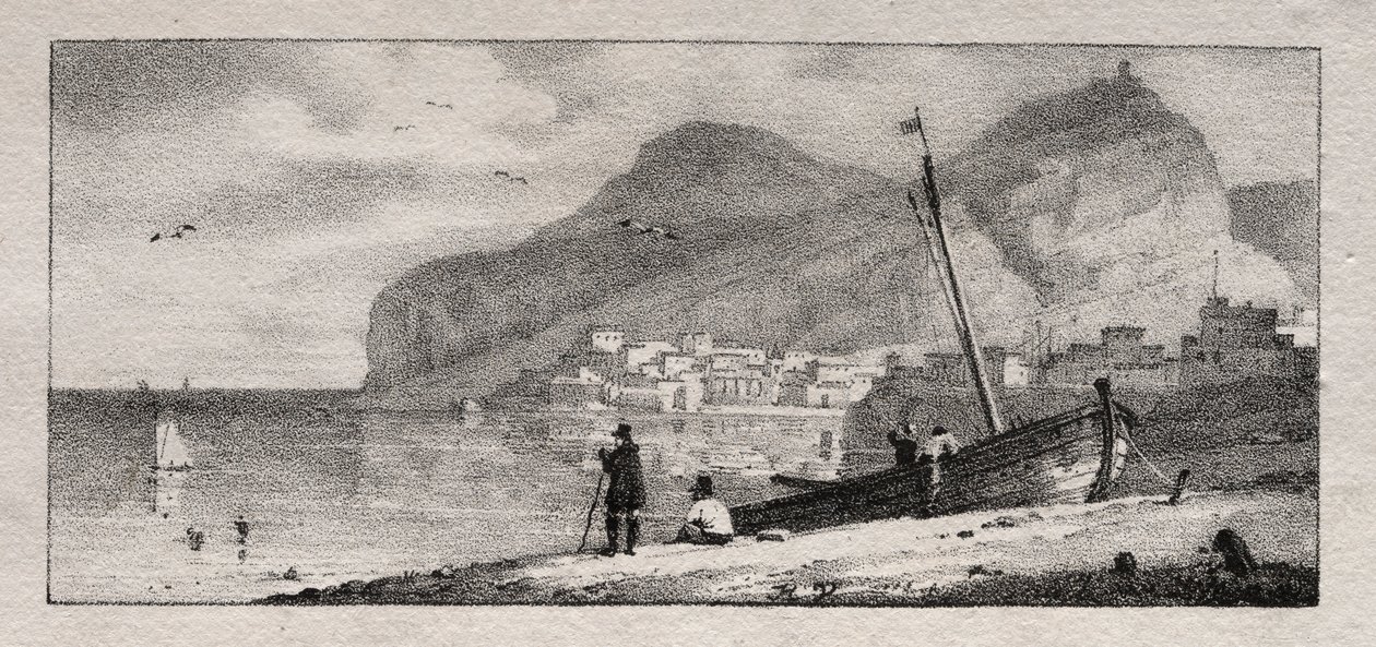Uitzicht op een havenstad door Emile Jean Horace Vernet