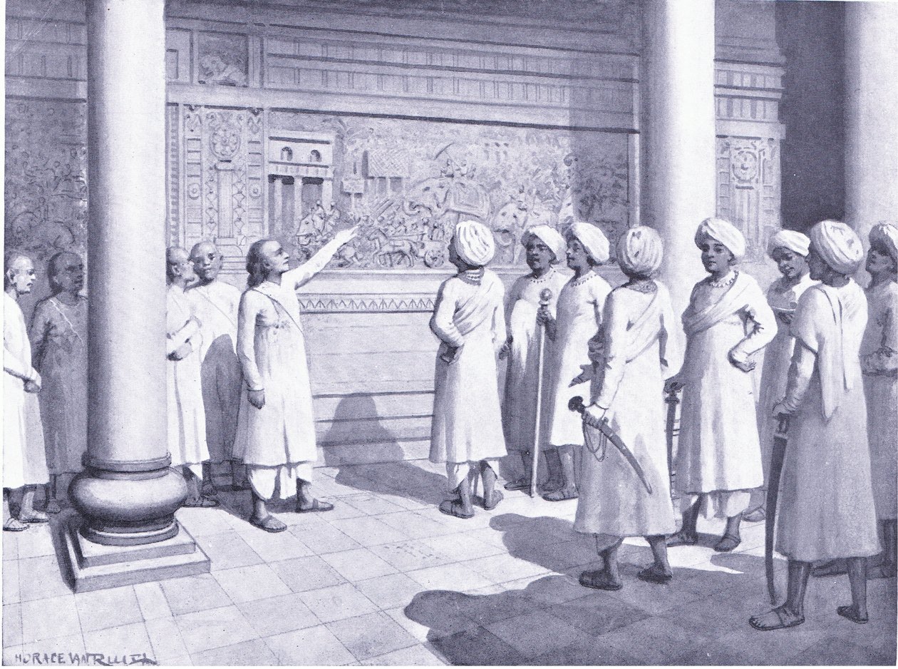 Rajaraja Chola inspecteert het bas-reliëf van zijn heldendaden in Tanjure 995 AD door Horace van Ruith