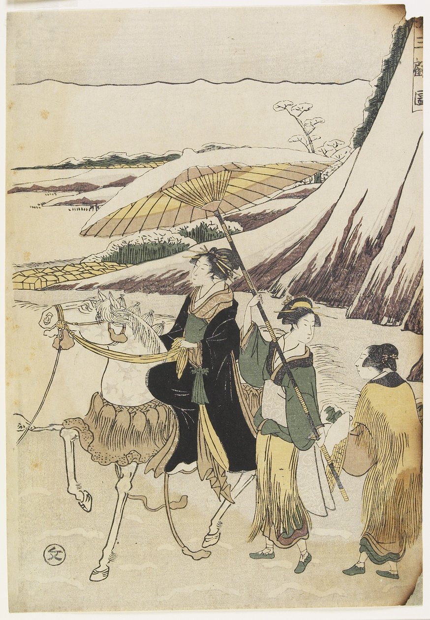 Drie vrouwen die door een ravijn reizen, 1794-96 door Hosoda Eiri