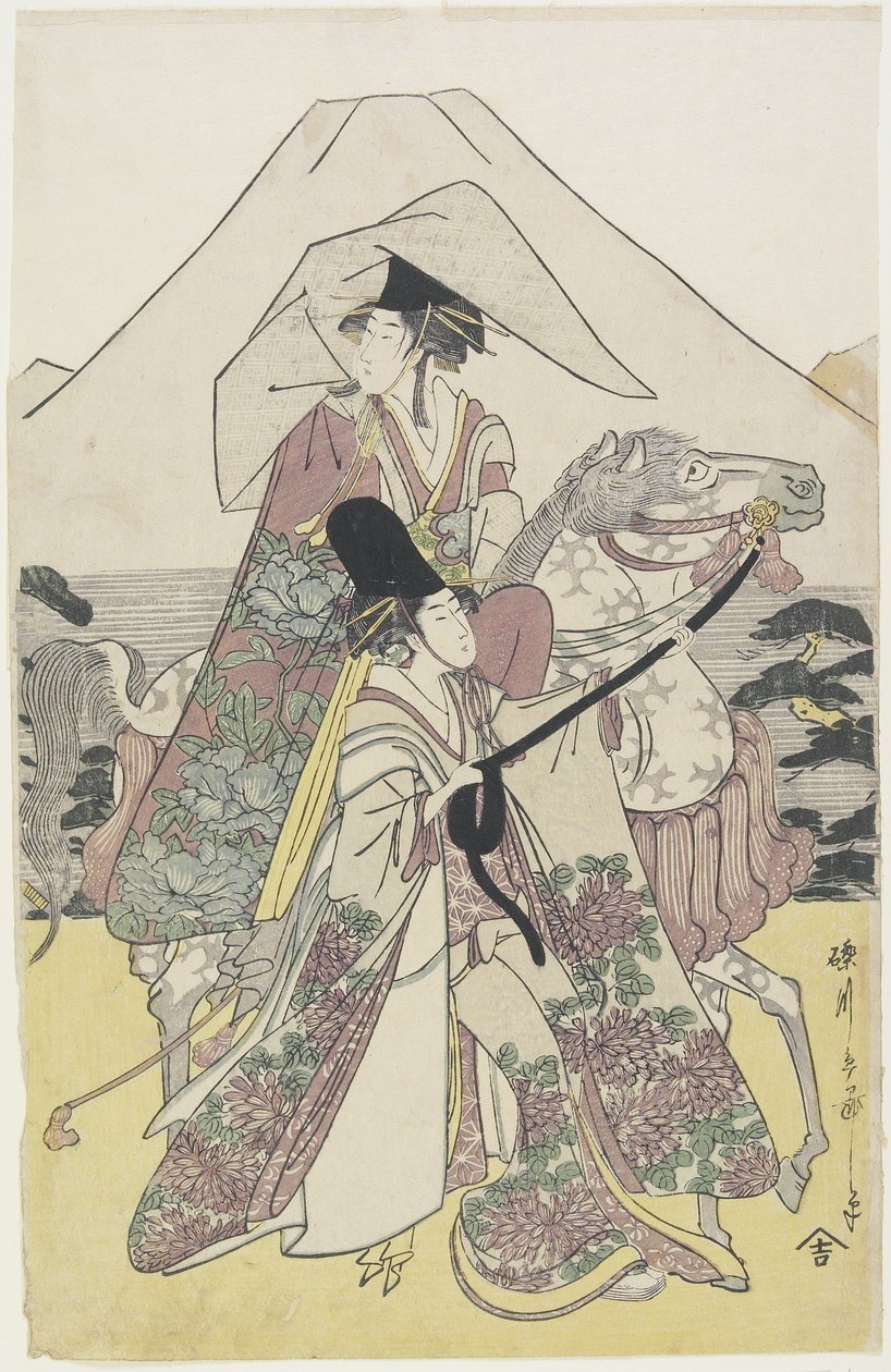 Twee vrouwen die per paard reizen aan de voet van de berg Fuji, ca. 1790s door Hosoda Eiri