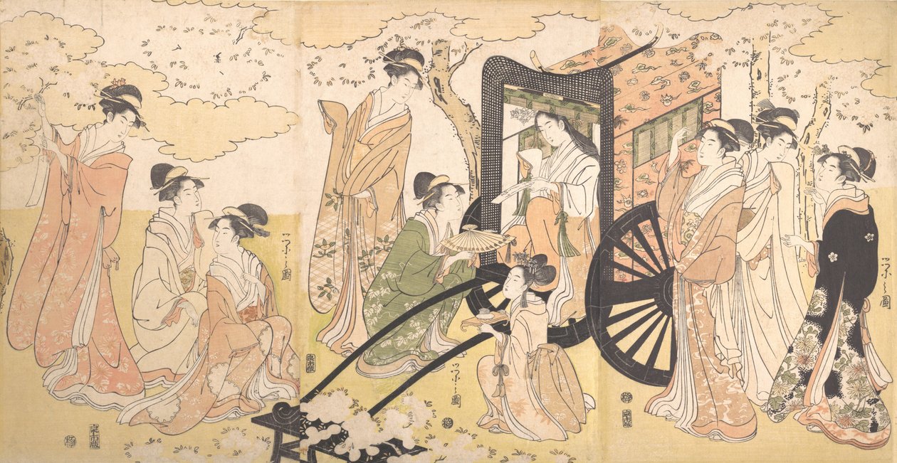 Een kersenexcursie door een adellijke dame en haar gevolg, ca. 1797 door Hosoda Eishi