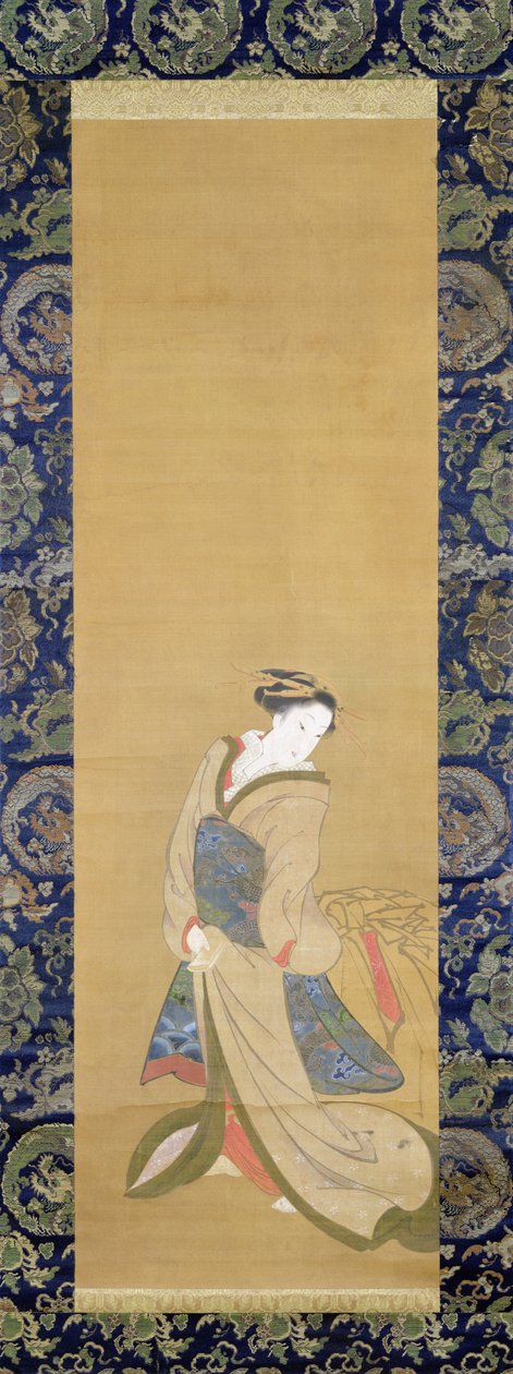 Een elegante vrouw in een blauwe obi door Hotei Gosei