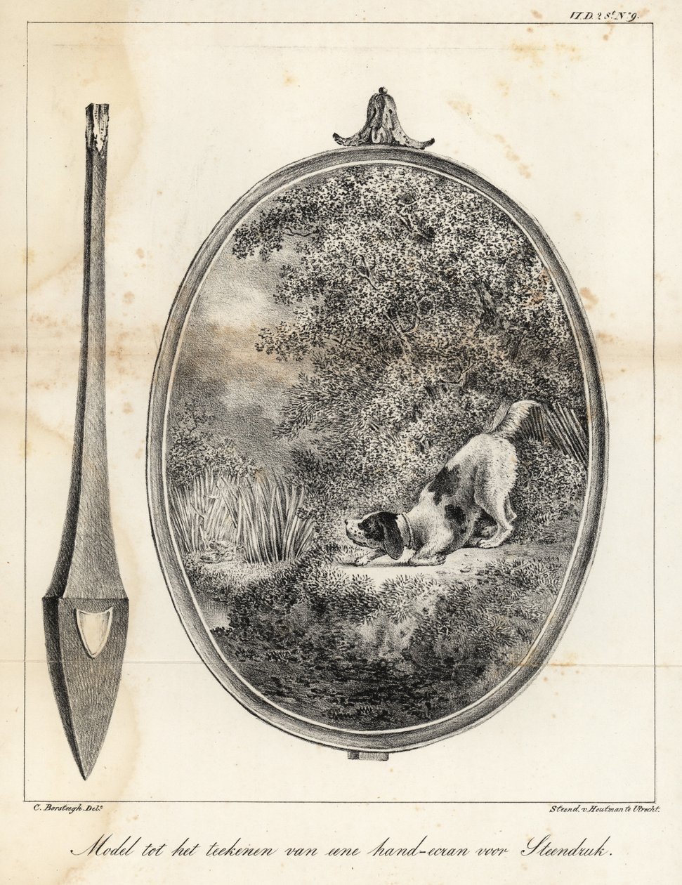 Model voor een ontwerp voor een geborduurd handscherm met een hond aan de rivier door Houtman Van