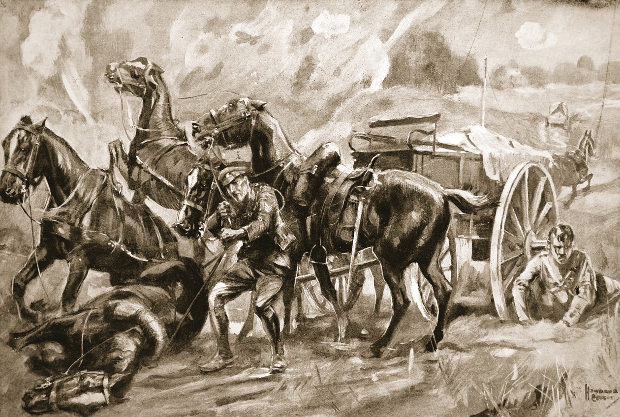 Sergeant W.G. Pull haalt een kanonteam uit, waarvan de leiders waren geraakt, en brengt de overlevende paarden en mannen in veiligheid door Howard K. Elcock