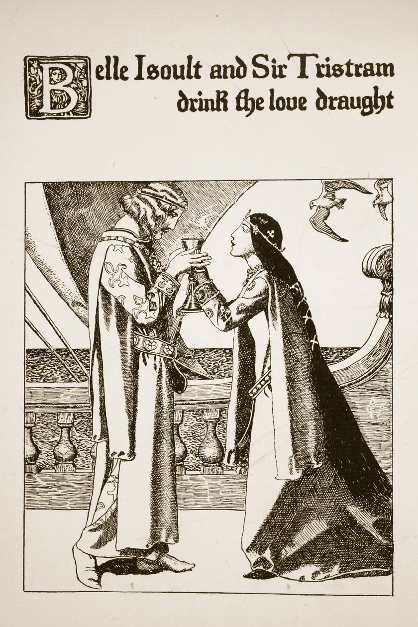 Belle Isoult en Sir Tristram drinken de liefdesdrank, illustratie uit 