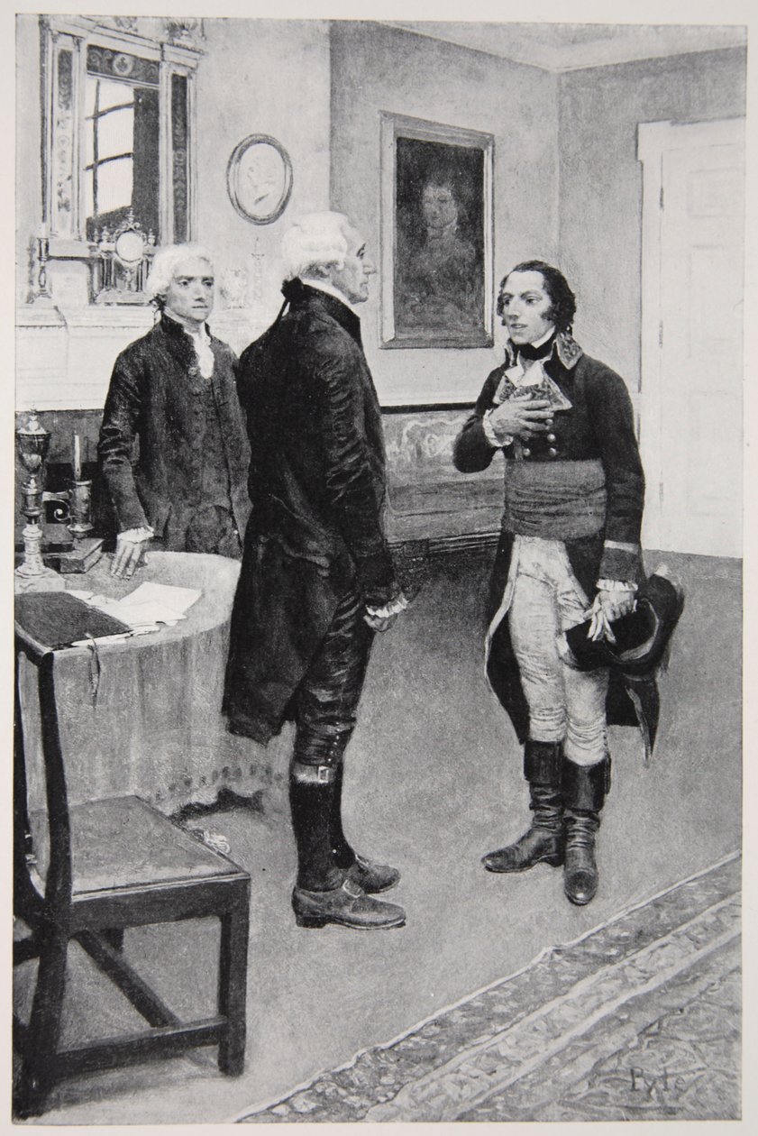 Burger Genet formeel gepresenteerd aan Washington, 19 april 1793 door Howard Pyle
