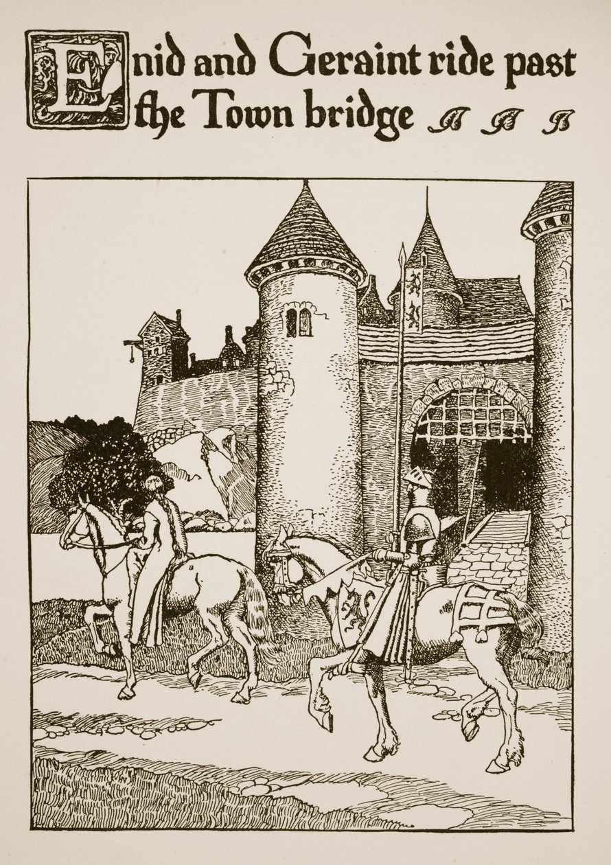 Enid en Geraint rijden langs de stadsbrug, illustratie uit 