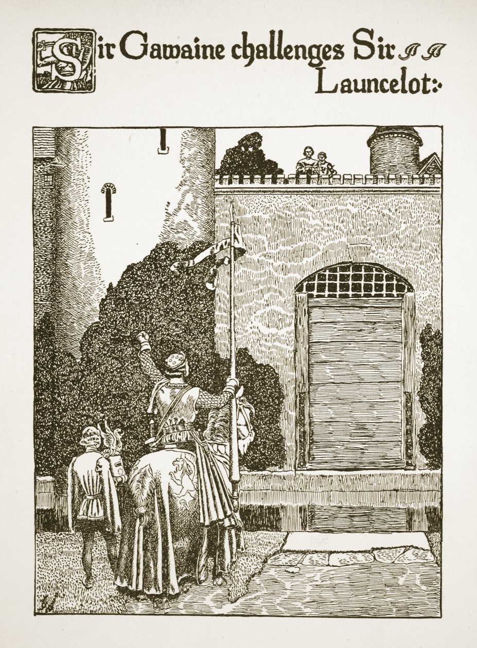 Sir Gawaine daagt Sir Launcelot uit, illustratie uit 