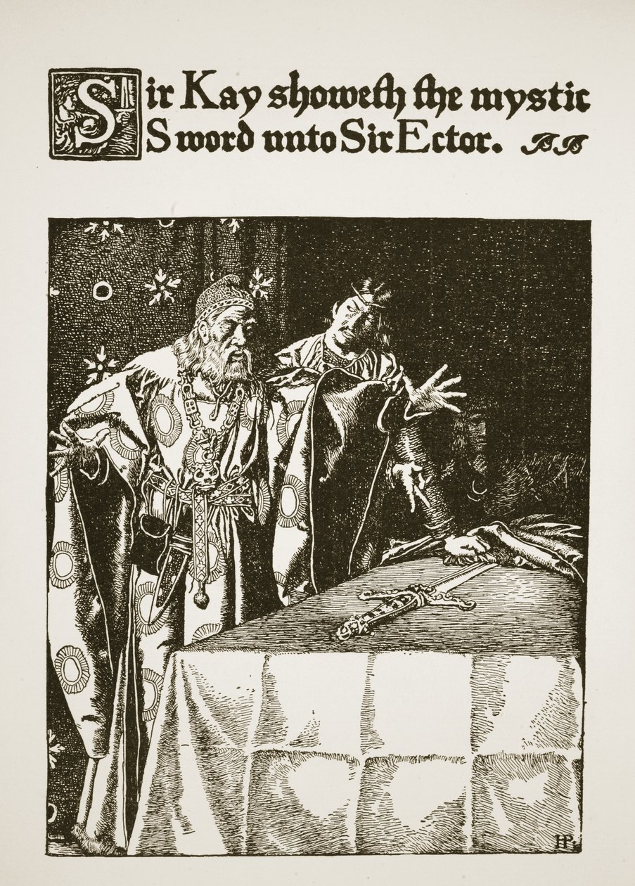 Sir Kay toont het mystieke zwaard aan Sir Ector, illustratie uit 