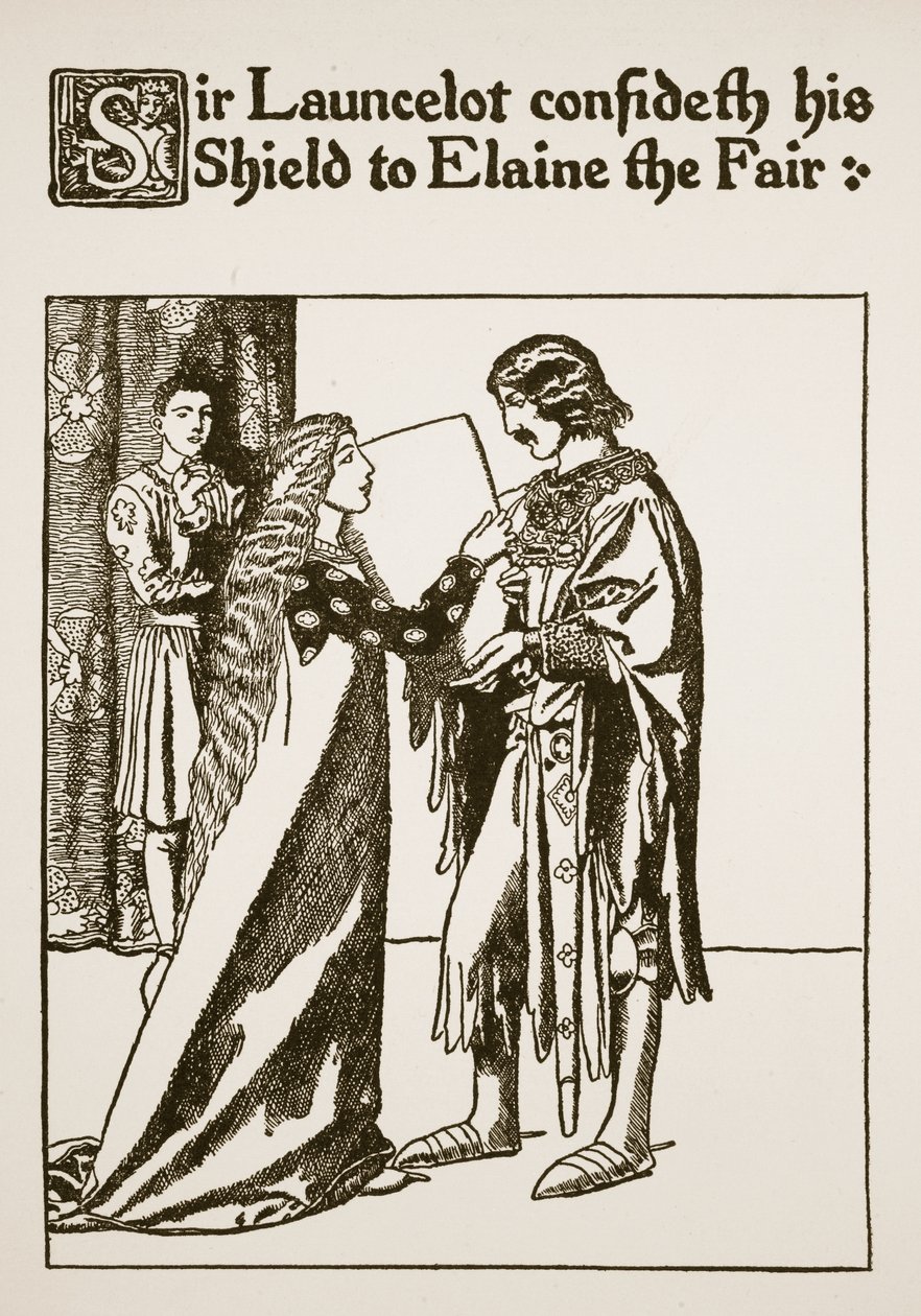 Sir Launcelot vertrouwt zijn schild toe aan Elaine de Schone, illustratie uit 