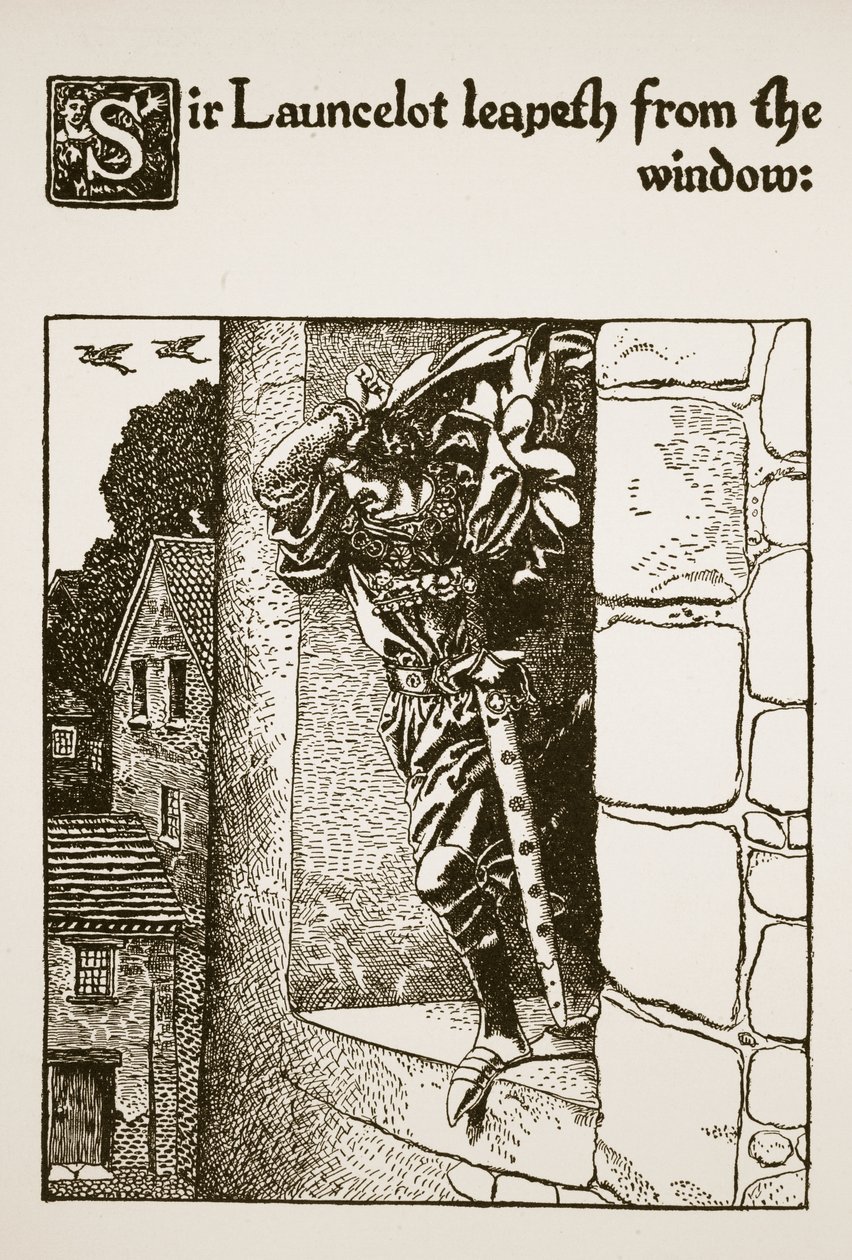 Sir Launcelot springt uit het raam, illustratie uit 