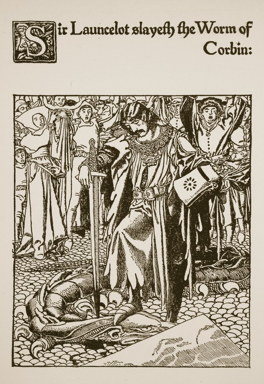 Sir Launcelot doodt de Worm van Corbin, illustratie uit 