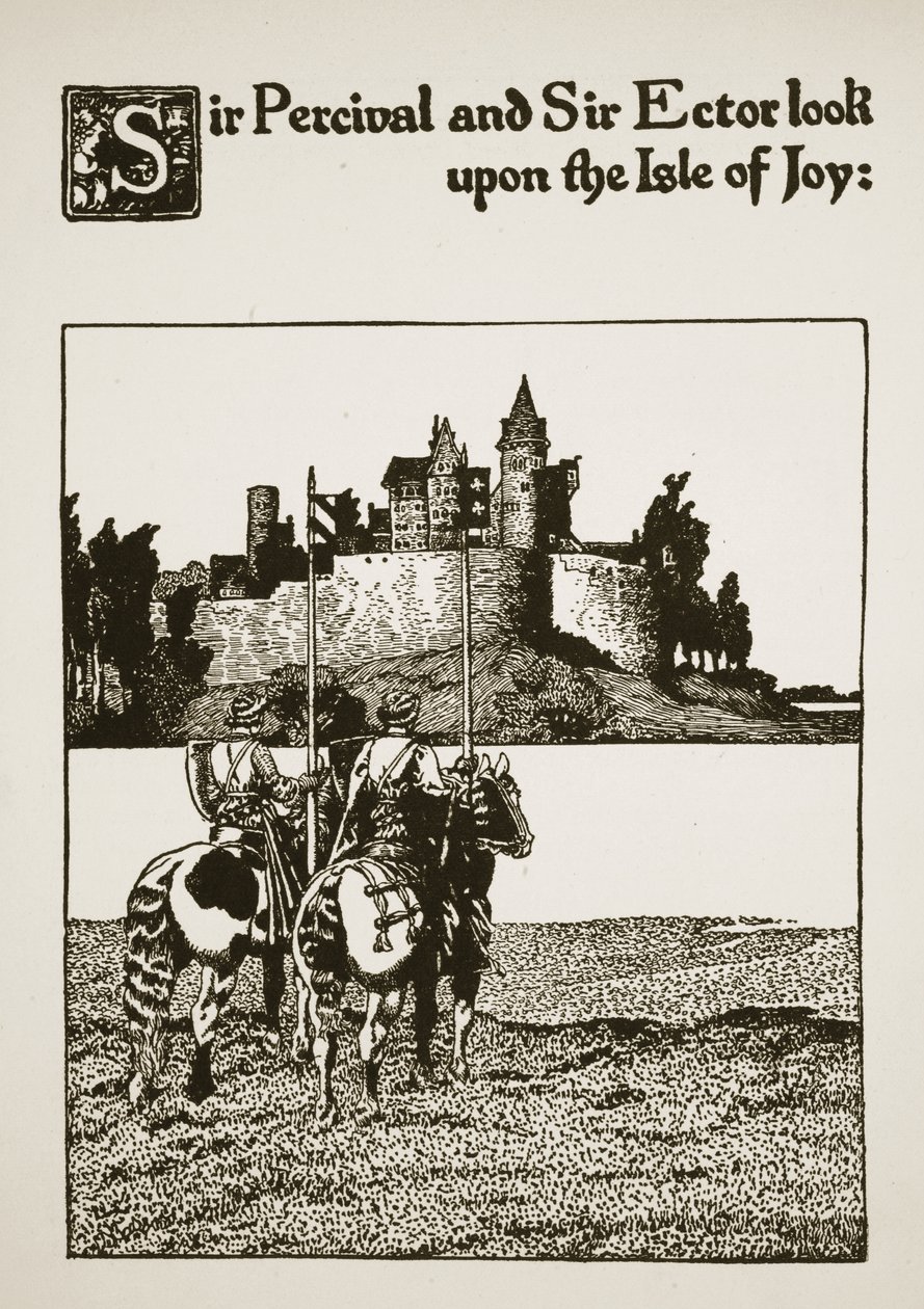 Sir Percival en Sir Ector kijken naar het Eiland van Vreugde, illustratie uit 