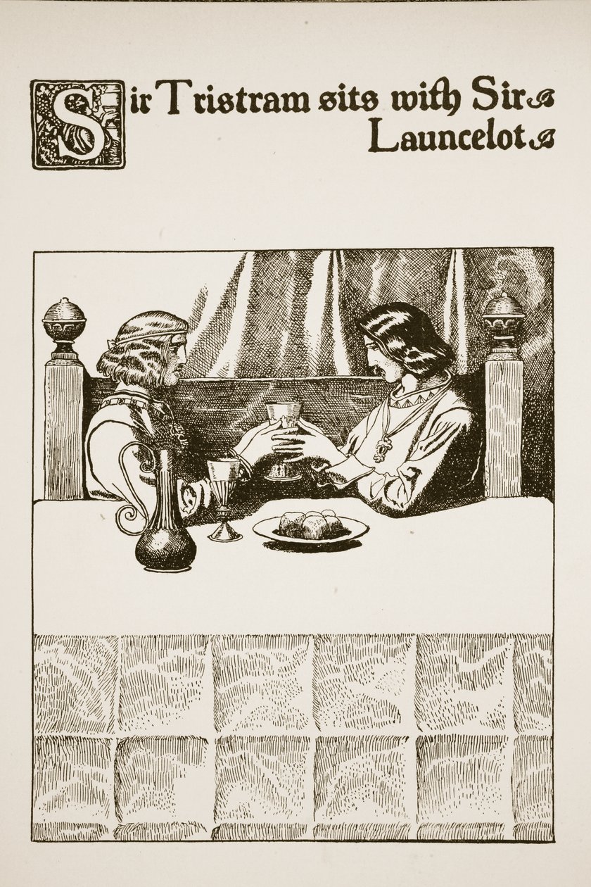 Sir Tristram zit met Sir Launcelot, illustratie uit 