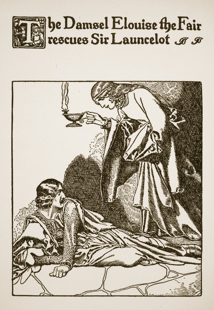 De jonkvrouw Elouise de Schone redt Sir Launcelot, illustratie uit 