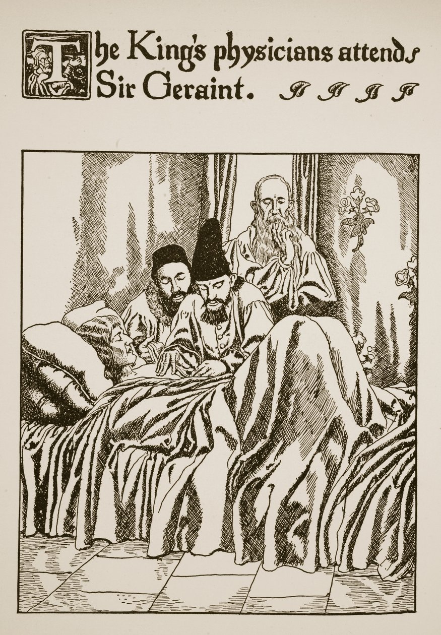 De artsen van de koning bezoeken Sir Geraint, illustratie uit 