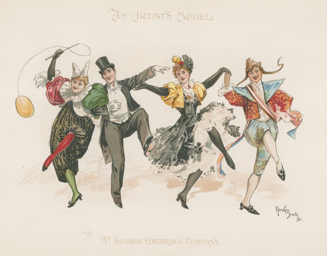 Een groep van twee mannen en twee vrouwen, allen in kostuum, al dansend (kleurenlitho) door Howard Davie