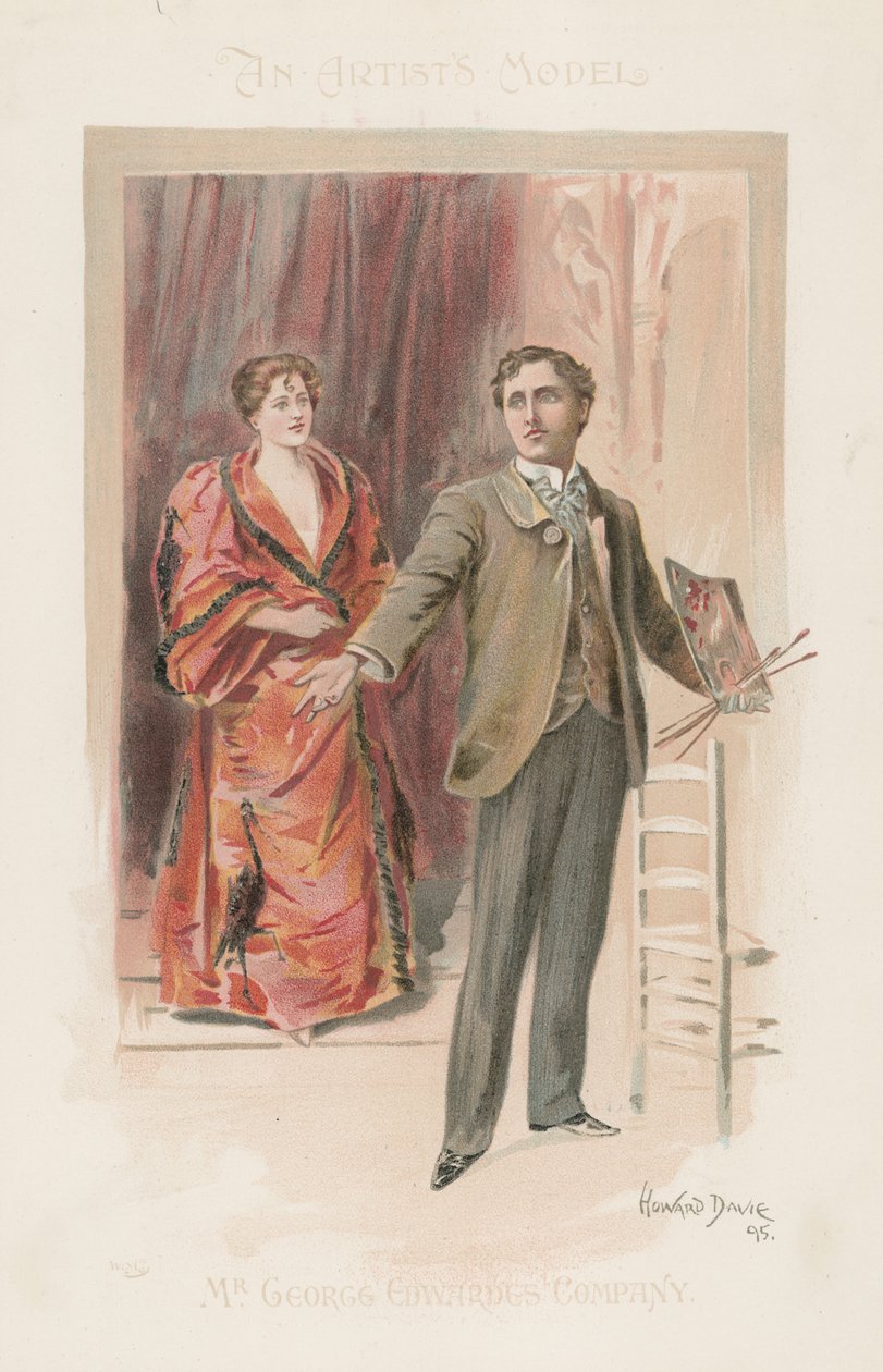 Een kunstenaar staat met zijn palet terwijl een vrouw op de achtergrond staat (kleurenlitho) door Howard Davie